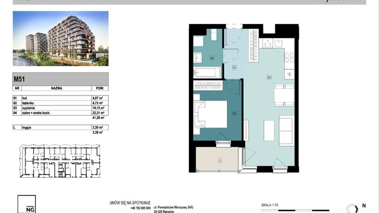 Rzut - Mieszkanie na sprzedaż 2 pokoje o powierzchni 41,23 m² - numer E51 w Panorama Kwiatkowskiego