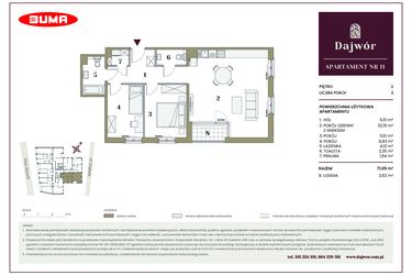 Rzut - Mieszkanie na sprzedaż 3 pokoje o powierzchni 71,05 m² - numer 11 w Dajwór