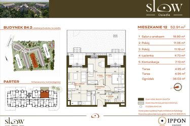 Rzut - Mieszkanie na sprzedaż 3 pokoje o powierzchni 52,91 m² - numer B4.2.12 w Osiedle SLOW