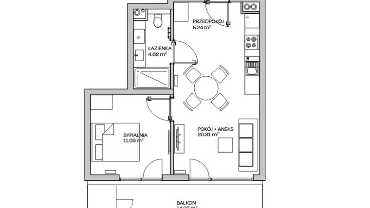 Rzut - Mieszkanie na sprzedaż 2 pokoje o powierzchni 41,26 m² - numer M22 w Zielona Marina - Apartamenty inwestycyjne