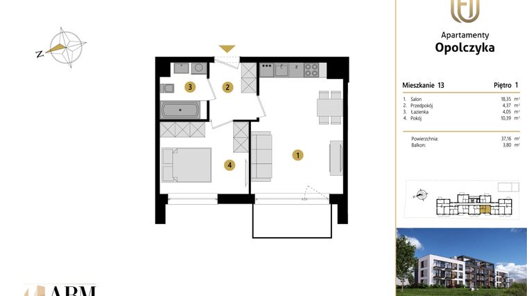 Rzut - Mieszkanie na sprzedaż 2 pokoje o powierzchni 37,16 m² - numer M13 w Apartamenty Opolczyka