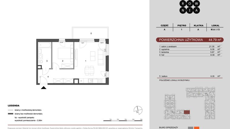 Rzut - Mieszkanie na sprzedaż 2 pokoje o powierzchni 44,79 m² - numer M.A.1.013 w CUKROWNIA