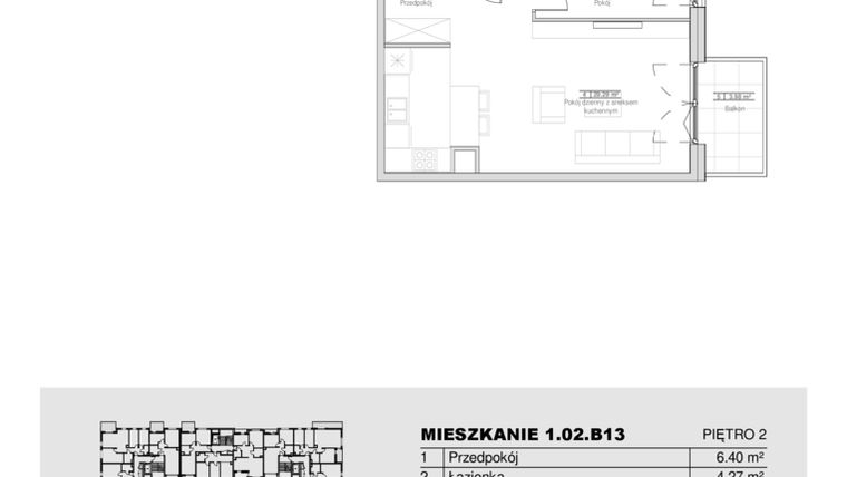 Rzut - Mieszkanie na sprzedaż 2 pokoje o powierzchni 52,85 m² - numer 1.02.B13 w Ogrody Andersa III