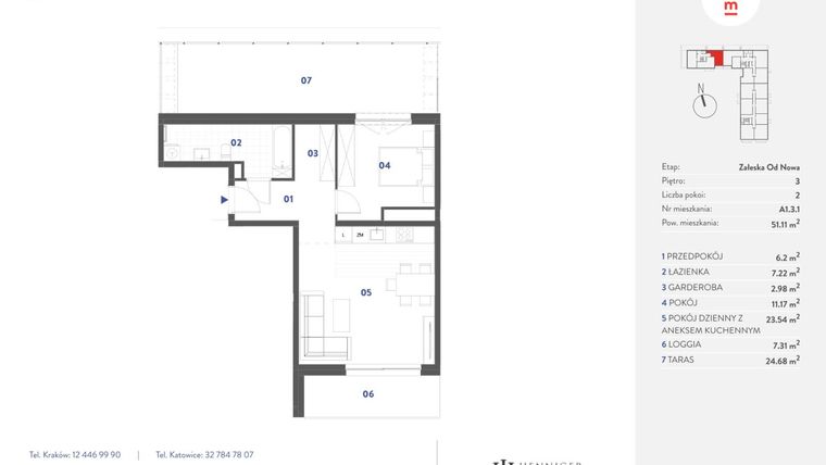 Rzut - Mieszkanie na sprzedaż 2 pokoje o powierzchni 51,11 m² - numer A1.3.1 w Mieszkaj w Mieście - Załęska od Nowa