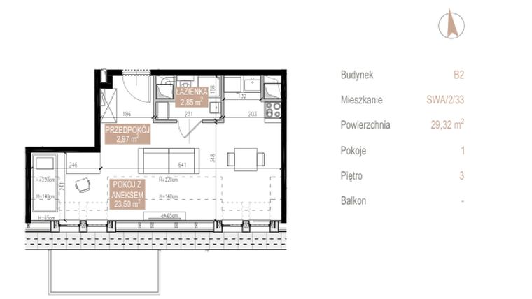Rzut - Mieszkanie na sprzedaż 1 pokój o powierzchni 29,32 m² - numer SWA/2/33/F w Apartamenty Świeradowska