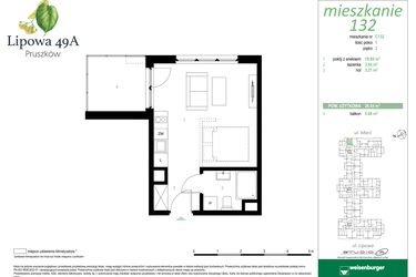 Rzut - Mieszkanie na sprzedaż 1 pokój o powierzchni 26,54 m² - numer 132C w Lipowa 49A