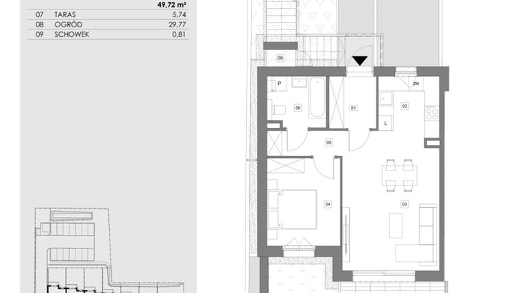 Rzut - Mieszkanie na sprzedaż 2 pokoje o powierzchni 49,68 m² - numer 14F.1 w Przystań Sobieszewo