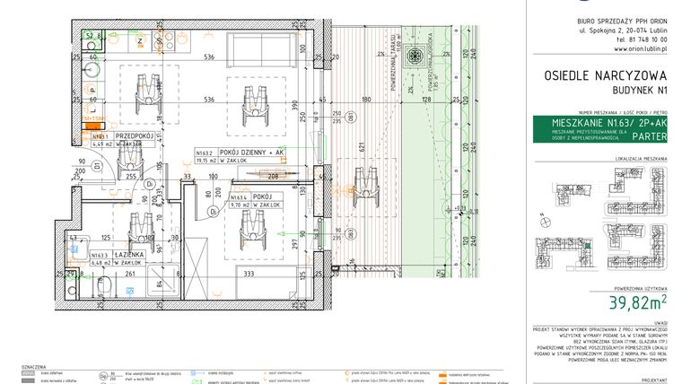 Rzut - Mieszkanie na sprzedaż 2 pokoje o powierzchni 39,82 m² - numer N1.63 w Osiedle Narcyzowe etap 2