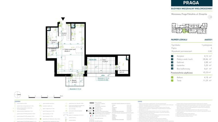 Rzut - Mieszkanie na sprzedaż 1 pokój o powierzchni 45,28 m² - numer AA0501 w Neo Praga