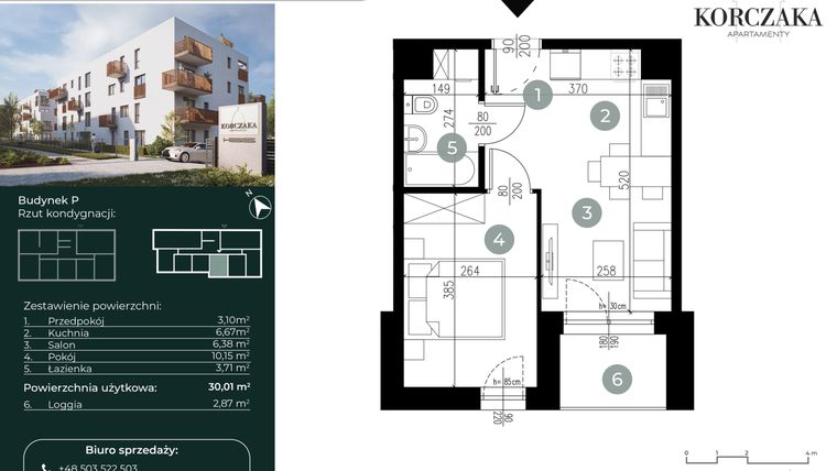 Rzut - Mieszkanie na sprzedaż 2 pokoje o powierzchni 30,01 m² - numer P.II.04 w Korczaka Apartamenty