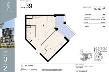 Rzut - Mieszkanie na sprzedaż 2 pokoje o powierzchni 40,57 m² - numer L39 w Sky Trust etap II - apartamenty inwestycyjne 23% VAT PRS