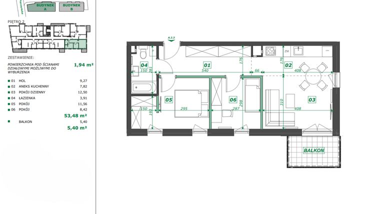 Rzut - Mieszkanie na sprzedaż 3 pokoje o powierzchni 55,42 m² - numer A.2.3 w Apartamenty Pszczyńska