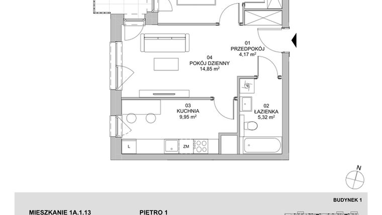 Rzut - Mieszkanie na sprzedaż 2 pokoje o powierzchni 46,62 m² - numer 1A.1.13 w Francuska Park VIIIB