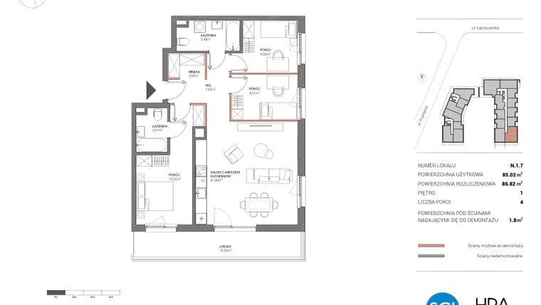 Rzut - Mieszkanie na sprzedaż 4 pokoje o powierzchni 86,48 m² - numer N.1.7 w Łopuszańska 47 - etap 4