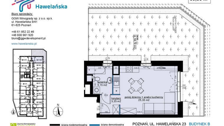 Rzut - Mieszkanie na sprzedaż 1 pokój o powierzchni 33,85 m² - numer B/1/10 w Osiedle Hawelańska etap III - bud. B