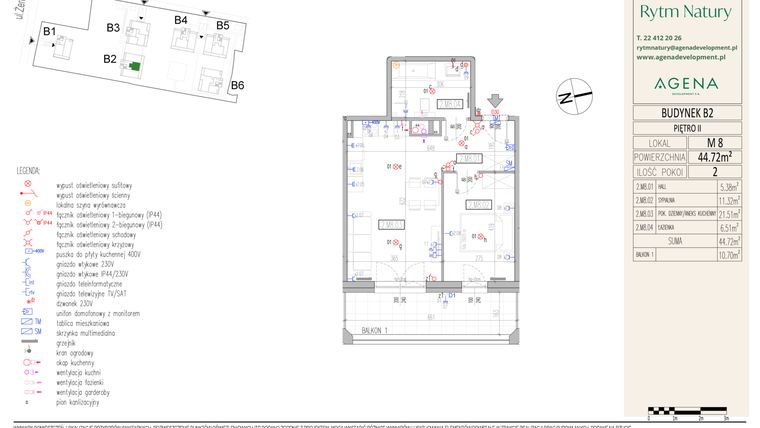 Rzut - Mieszkanie na sprzedaż 2 pokoje o powierzchni 44,72 m² - numer B2M8 w Rytm Natury