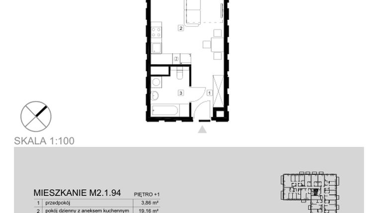 Rzut - Mieszkanie na sprzedaż 1 pokój o powierzchni 28,34 m² - numer M2.1.94 w Modern Helenów