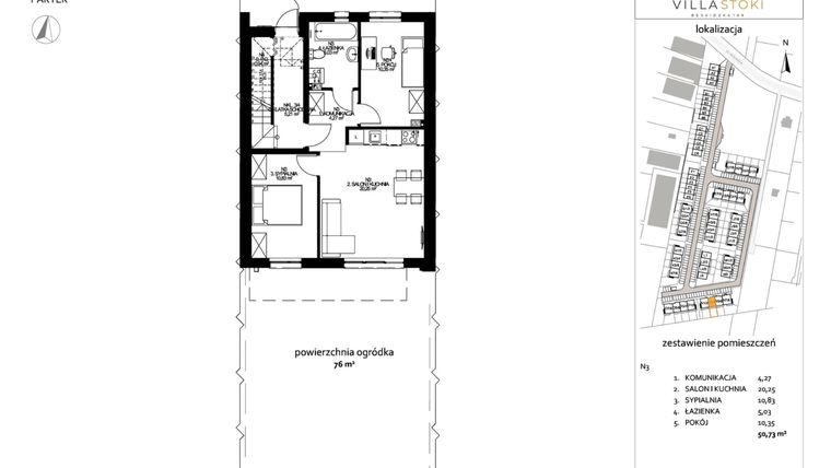 Rzut - Mieszkanie na sprzedaż 3 pokoje o powierzchni 50,73 m² - numer N3 w Villa Stoki (mieszkania)