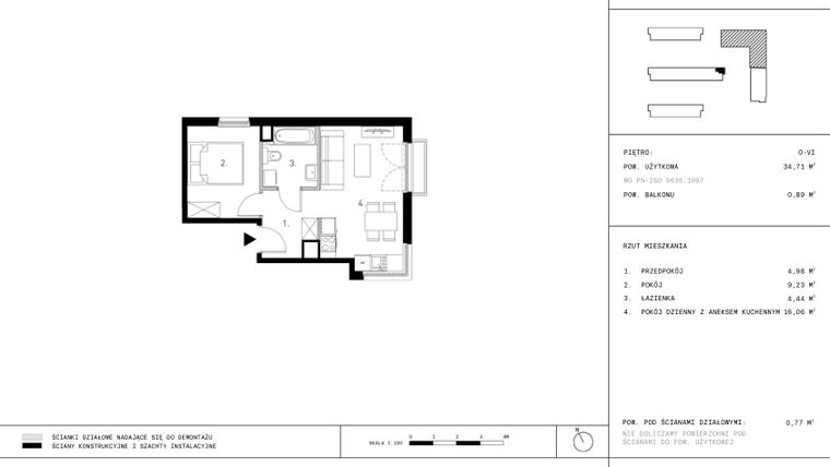 Rzut - Mieszkanie na sprzedaż 2 pokoje o powierzchni 34,59 m² - numer B12.6 w Wynalazek 3A