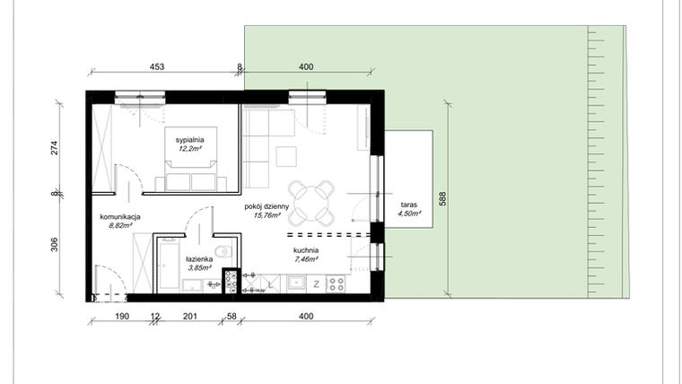 Rzut - Mieszkanie na sprzedaż 2 pokoje o powierzchni 48,09 m² - numer F.0.03.2k w Art.Teo etap 3