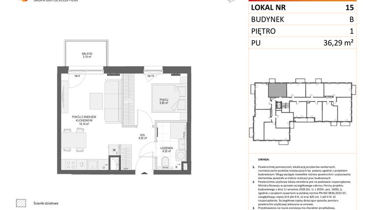 Rzut - Mieszkanie na sprzedaż 2 pokoje o powierzchni 36,29 m² - numer B15 w Osiedle Orzechowa