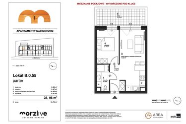 Rzut - Mieszkanie na sprzedaż 2 pokoje o powierzchni 35,96 m² - numer B.0.55 wykończone pod klucz w Morzlive