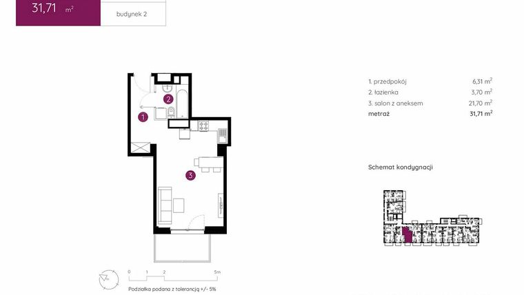 Rzut - Mieszkanie na sprzedaż 1 pokój o powierzchni 31,71 m² - numer 2.B.4.02 w Murapol Urcity