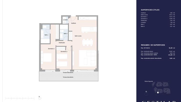 Rzut - Mieszkanie na sprzedaż 2 pokoje o powierzchni 92,52 m² - numer 22D w Isla Bela