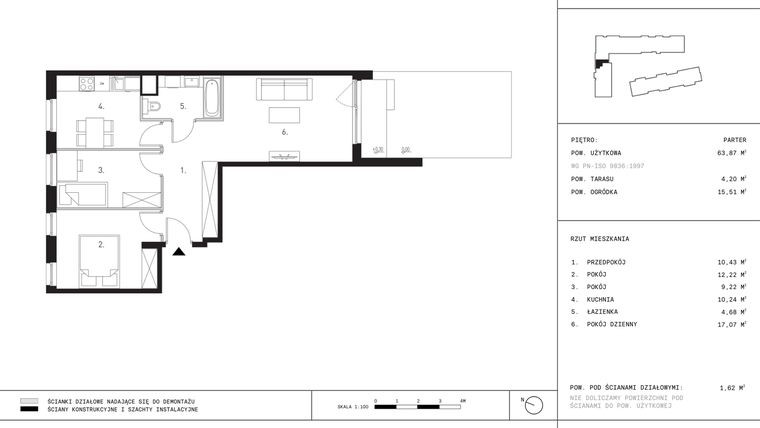Rzut - Mieszkanie na sprzedaż 3 pokoje o powierzchni 63,87 m² - numer J1.0 w Myśliborska III etap
