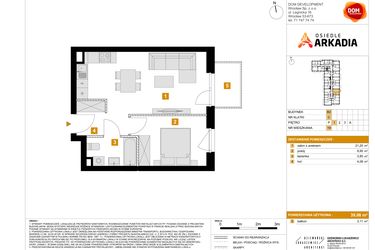 Rzut - Mieszkanie na sprzedaż 2 pokoje o powierzchni 39,08 m² - numer 19 w Osiedle Arkadia