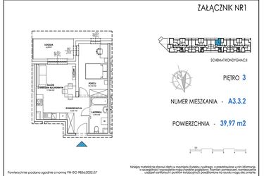 Rzut - Mieszkanie na sprzedaż 2 pokoje o powierzchni 39,97 m² - numer A3.3.2 w Apartamenty Nowe Miasto