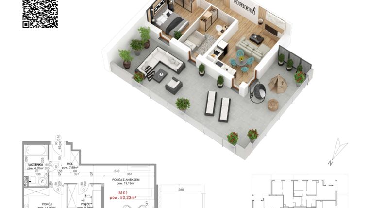 Rzut - Mieszkanie na sprzedaż 3 pokoje o powierzchni 53,23 m² - numer 1 w Villa Park - Etap IV