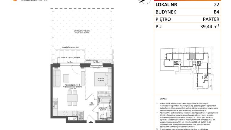Rzut - Mieszkanie na sprzedaż 2 pokoje o powierzchni 39,44 m² - numer B4.22 w Osiedle Przy Błoniach 3 etap III