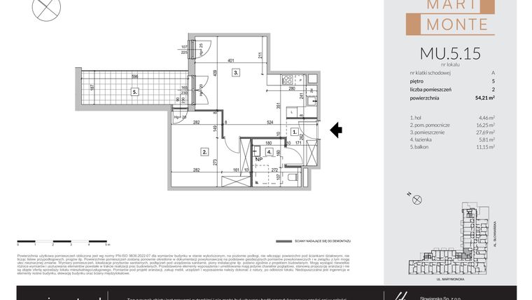 Rzut - Mieszkanie na sprzedaż 2 pokoje o powierzchni 54,07 m² - numer MU.5.15 w Marimonte - apartamenty inwestycyjne