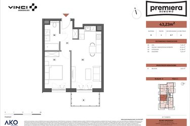 Rzut - Mieszkanie na sprzedaż 2 pokoje o powierzchni 43,23 m² - numer D.07 w Premiera Bemowo