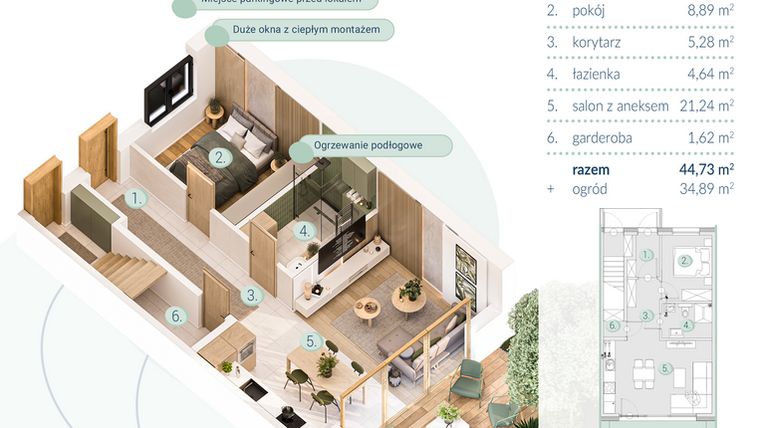Rzut - Mieszkanie na sprzedaż 2 pokoje o powierzchni 44,73 m² - numer A.2.1 w Enklawa
