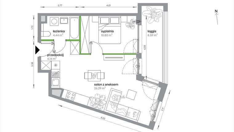 Rzut - Mieszkanie na sprzedaż 2 pokoje o powierzchni 45,67 m² - numer 1/A/3/7 w Sochaczewska Vita