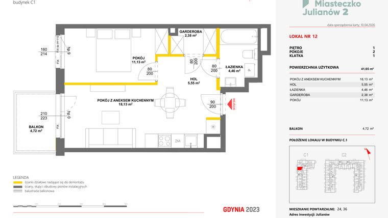 Rzut - Mieszkanie na sprzedaż 2 pokoje o powierzchni 41,65 m² - numer 12 w Miasteczko Julianów etap 2