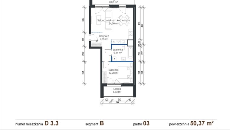 Rzut - Mieszkanie na sprzedaż 2 pokoje o powierzchni 50,37 m² - numer D 3.3 w Nowe Zabłocie