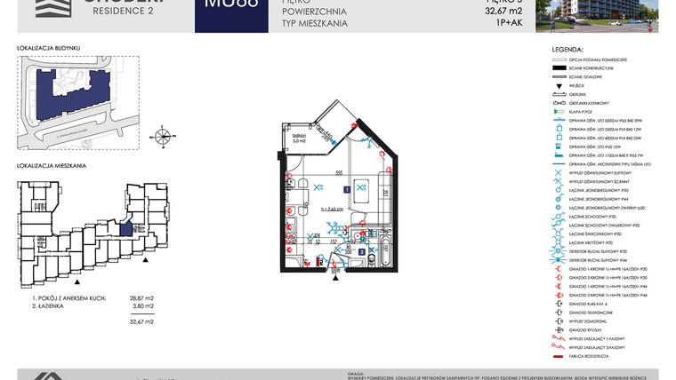 Rzut - Mieszkanie na sprzedaż 1 pokój o powierzchni 32,67 m² - numer MU88 w Chodźki Residence 2 - apartamenty inwestycyjne