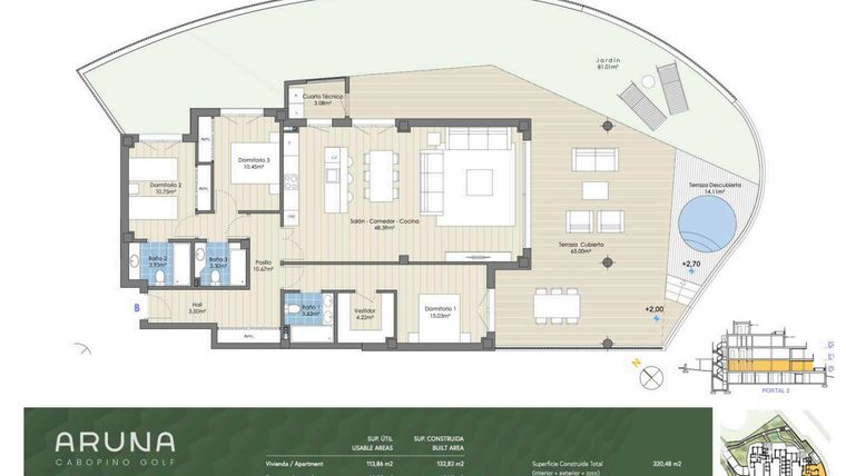 Rzut - Mieszkanie na sprzedaż 3 pokoje o powierzchni 277 m² - numer P2-PB-B w Aruna