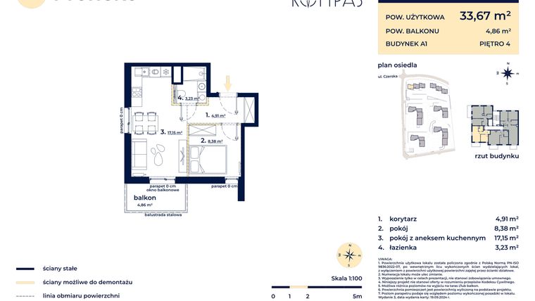 Rzut - Mieszkanie na sprzedaż 2 pokoje o powierzchni 33,7 m² - numer A117 w Osiedle Kompas