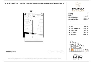 Rzut - Mieszkanie na sprzedaż 2 pokoje o powierzchni 38,28 m² - numer A.1.13 w Bałtycka Sea Park