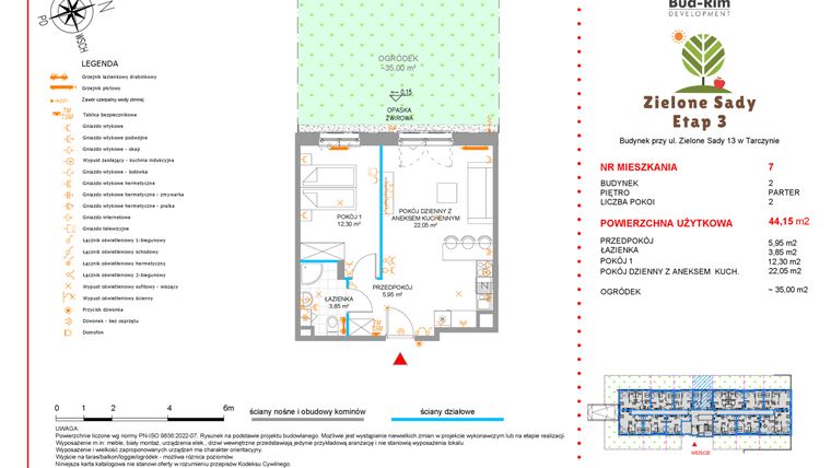 Rzut - Mieszkanie na sprzedaż 2 pokoje o powierzchni 44,15 m² - numer 7 w Zielone Sady etap III B2
