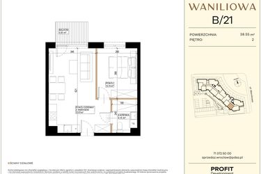 Rzut - Mieszkanie na sprzedaż 2 pokoje o powierzchni 38,55 m² - numer WA2/B/21 w Waniliowa