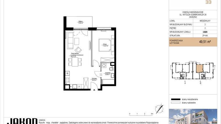 Rzut - Mieszkanie na sprzedaż 2 pokoje o powierzchni 49,51 m² - numer 2.B26 w Gombrowicza 33 - etap II