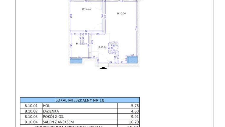 Rzut - Mieszkanie na sprzedaż 2 pokoje o powierzchni 36,47 m² - numer B.10 w Gaja Park