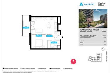 Rzut - Mieszkanie na sprzedaż 1 pokój o powierzchni 44,22 m² - numer B3.206 w Stacja Wola - Etap III