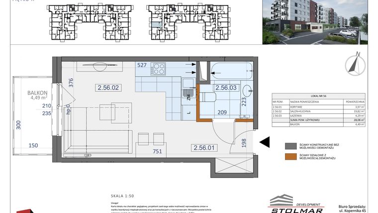 Rzut - Mieszkanie na sprzedaż 1 pokój o powierzchni 28,08 m² - numer 56 w Osiedle Zycha