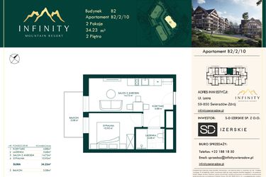 Rzut - Mieszkanie na sprzedaż 2 pokoje o powierzchni 34,23 m² - numer B2.2.10 w Infinity Mountain Resort